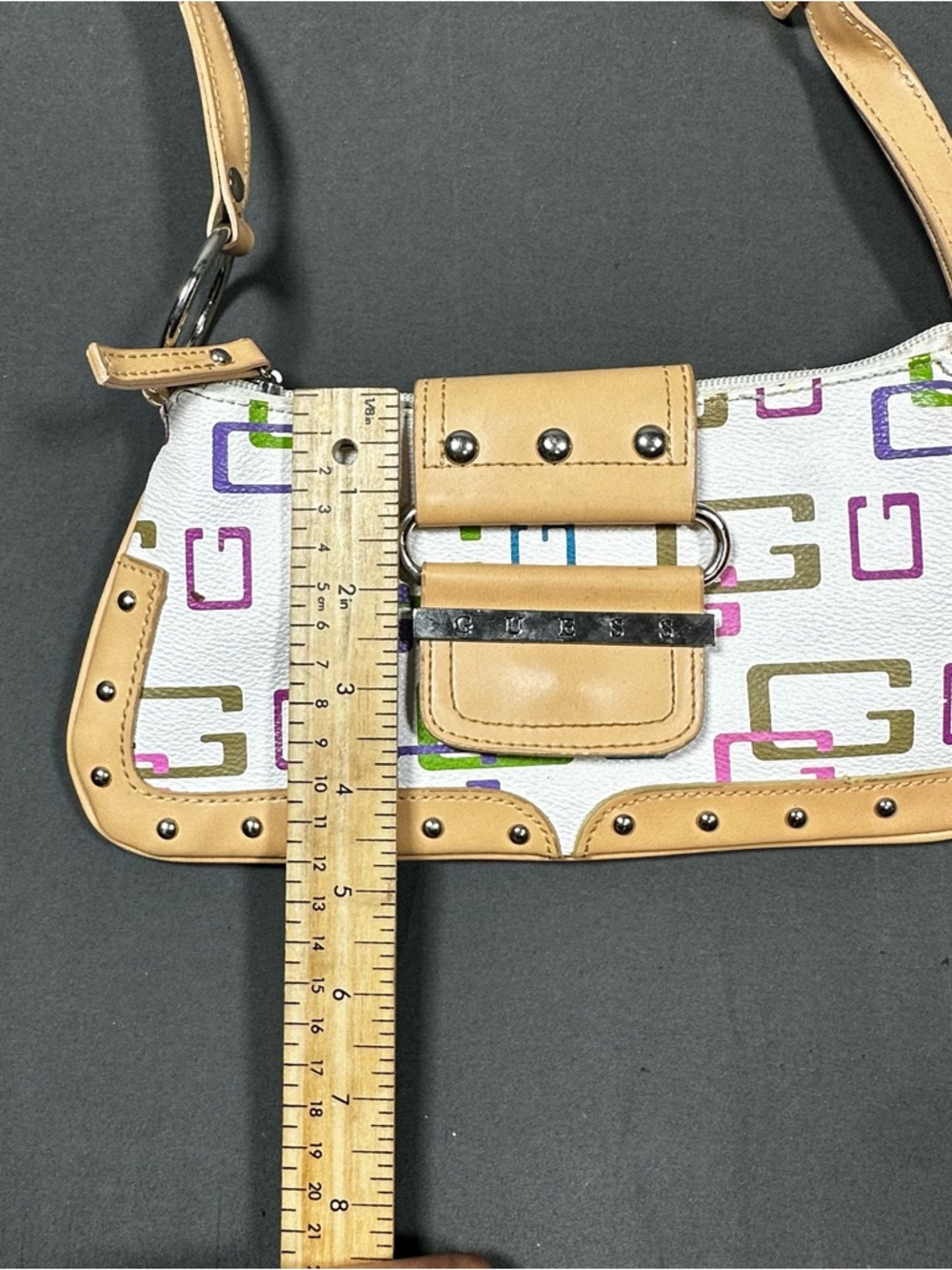 GUESS White Multicolor Logo Shoulder Bag with Tan Trim and Studs - Picture 8 of 9